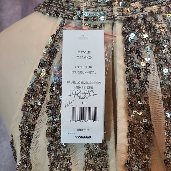 French Connection Aello Sequin Halter Neck Dress, Size 10 in Gold Gunmetal - Picture 4 of 7